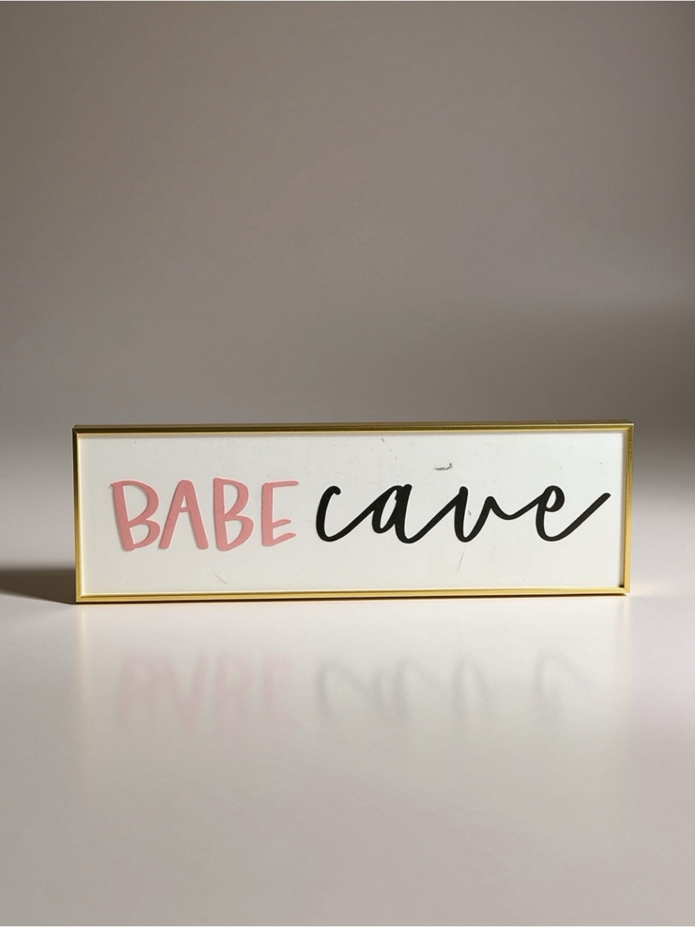 Babe Cave Decorative Sign - Pink & Black Text - Gold Frame 19.5x6